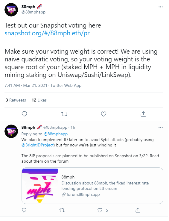 88mph启动Snapshot投票测试成就，提案将于3月22日公布