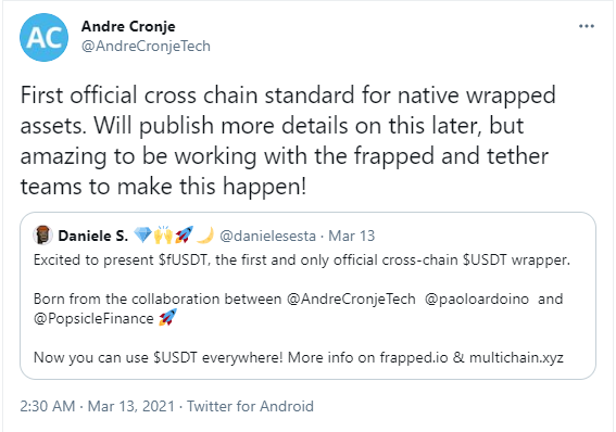 Andre Cronje将与Frapped和Tether互助推出跨链USDT封装资产fUSDT