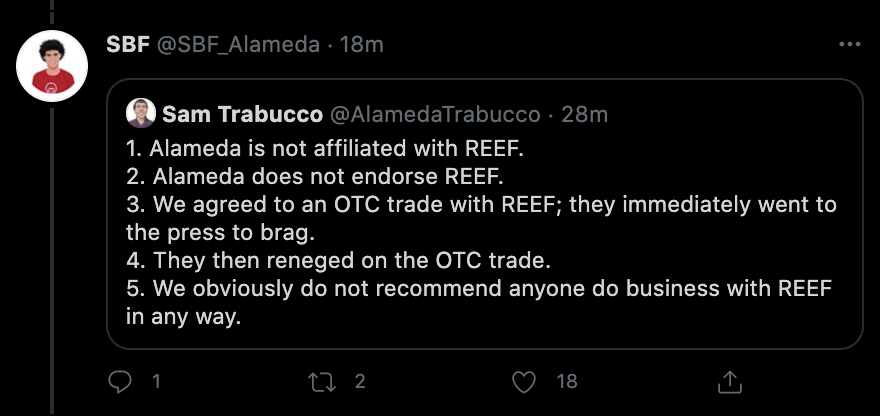 Alameda Research：与Reef Finance没有关连，不为该项目做背书