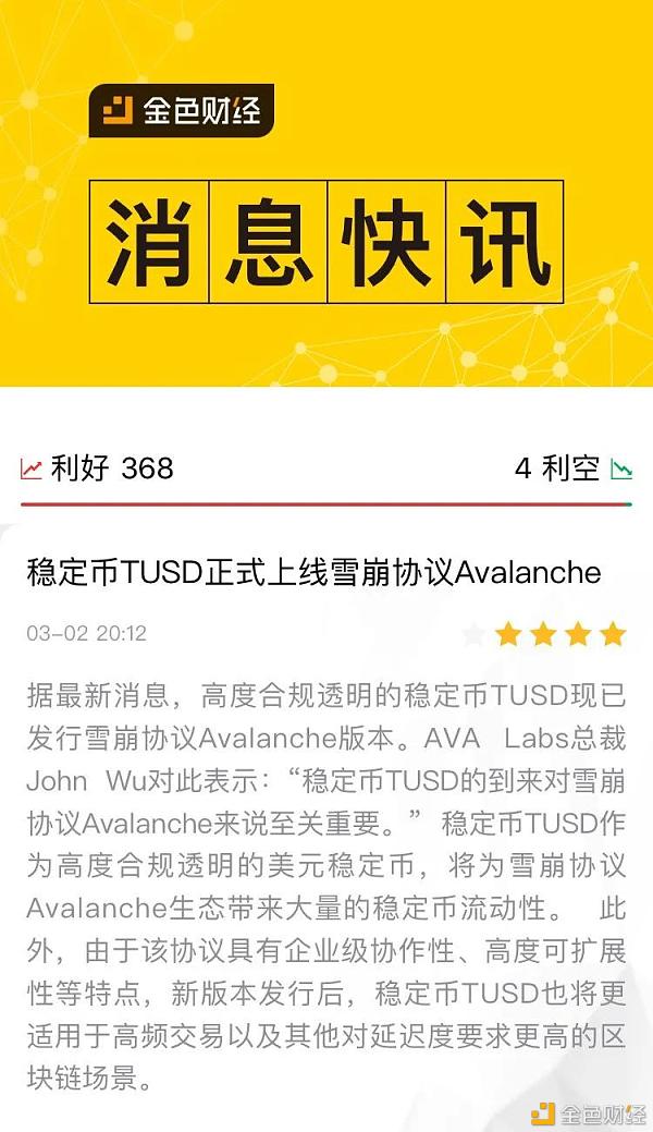 社区生态|稳定币TUSD正式上线雪崩协议Avalanche