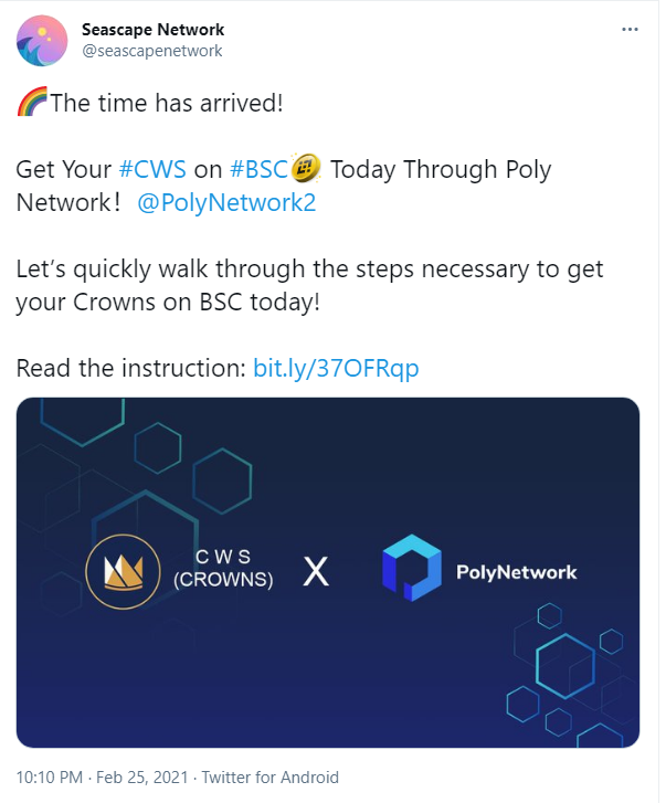 CWS现已通过Poly Network支持以太坊至币安智能链的一键跨链