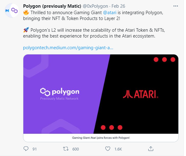 Polygon与游戏公司雅达利达成互助，后者将把其NFT和Atari Token带至Layer2