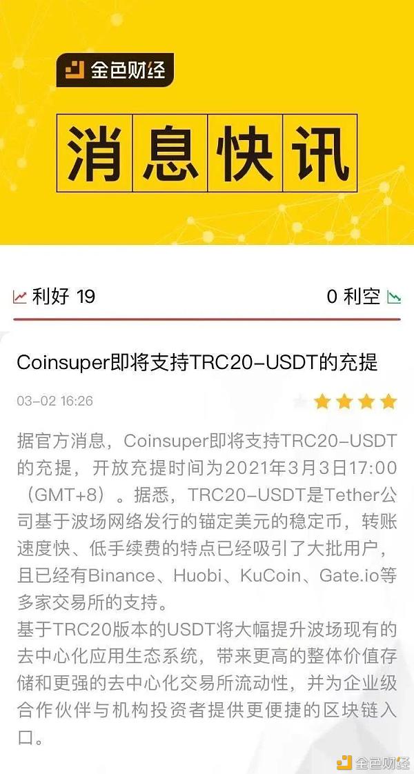 社区生态|Coinsuper即将支持TRC20-USDT的充提业务
