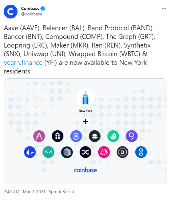 Coinbase已向纽约用户开放Aave、COMP和UNI等13种DeFi项目代币买卖办事