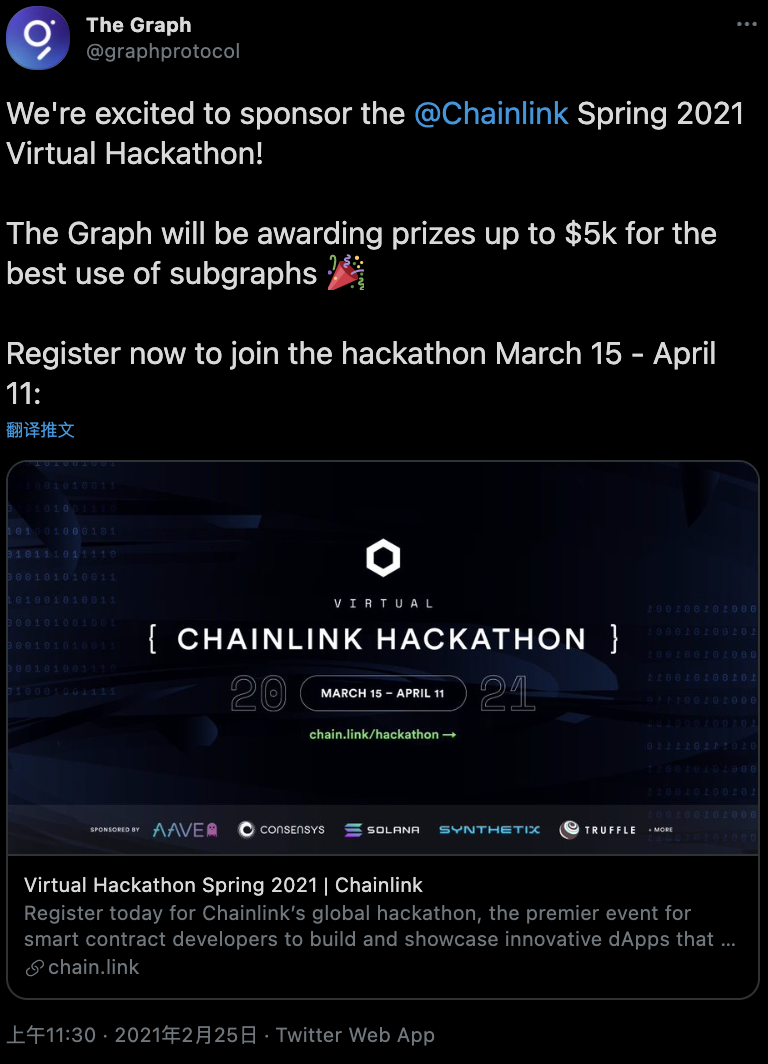 The Graph发布成为Chainlink 2021年春季黑客松赞助商