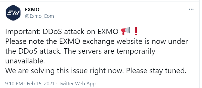 继去年12月被盗后，加密买卖平台EXMO遭遇DDoS打击