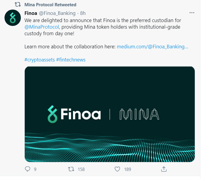 轻量级区块链协议Mina Protocol与托管机构Finoa达成互助