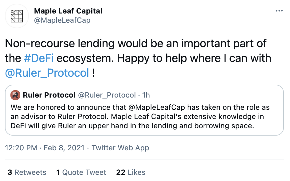 Maple Leaf Capital 成为Ruler Protocol借贷照料