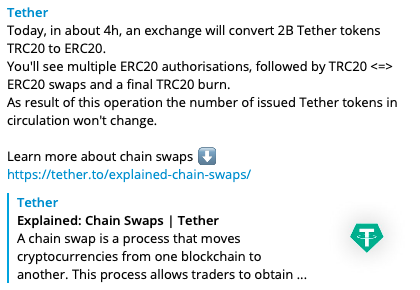 Tether将于2月3日举行20亿USDT换链，从波场网络换至以太坊网络
