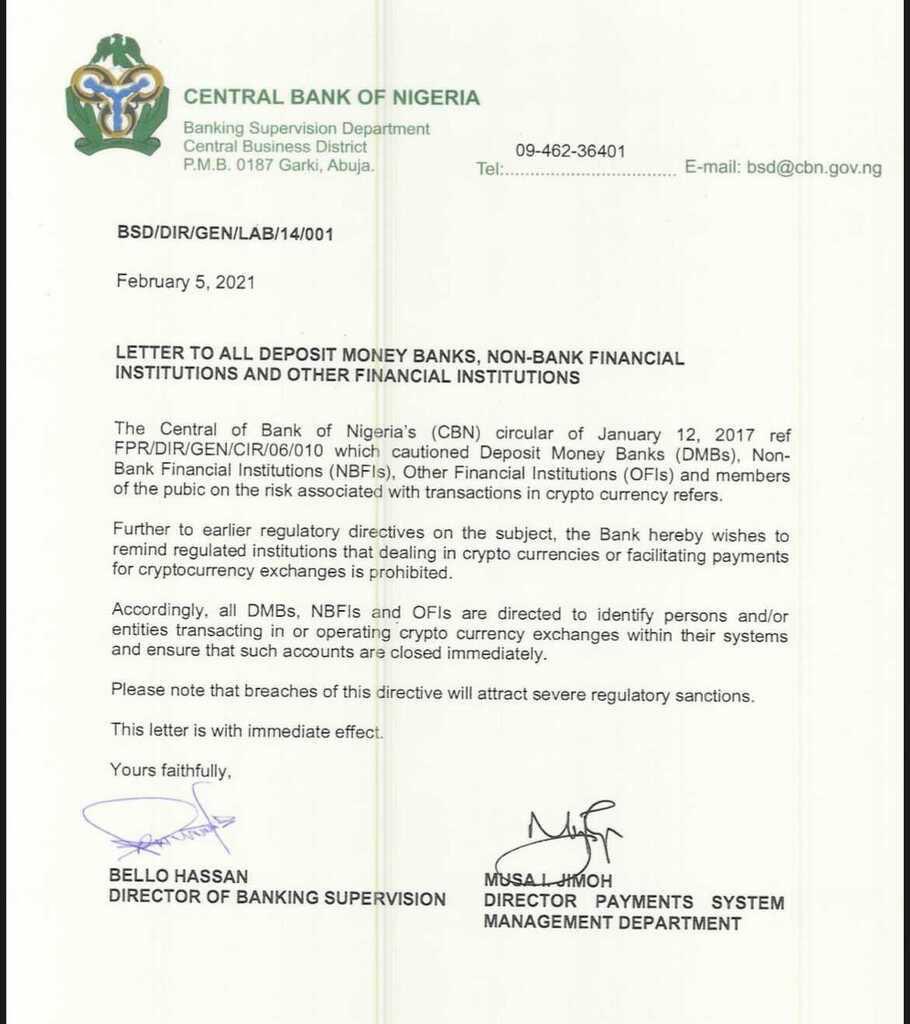尼日利亚央行：金融机构需连忙封闭加密货币相关银行账户