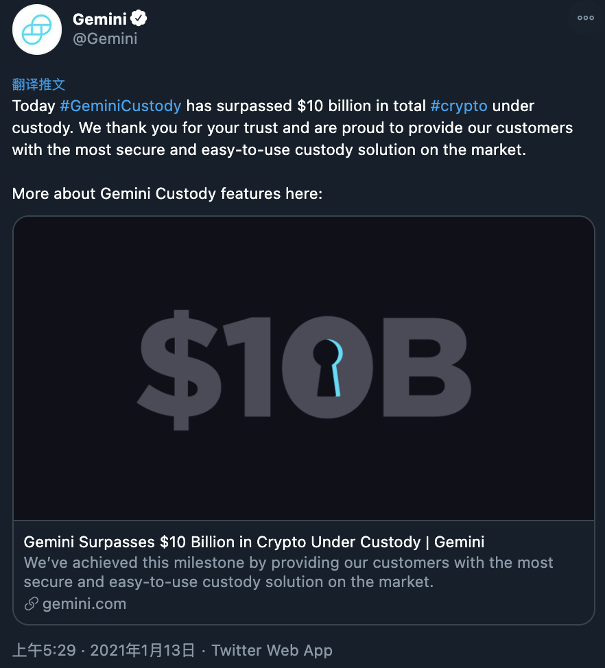 加密货币买卖平台Gemini托管的加密货币跨越100亿美元
