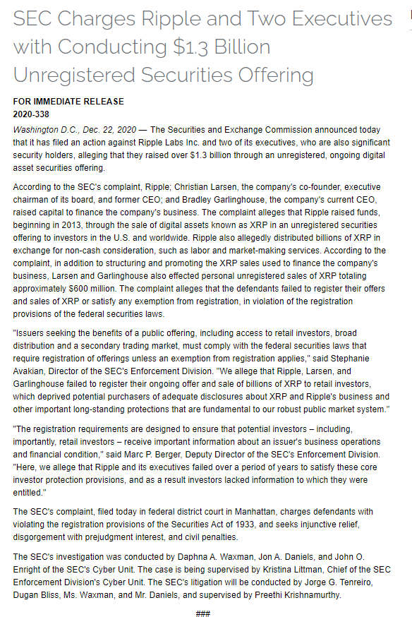 美国SEC已正式对Ripple及其CEO、连络创始人提起诉讼
