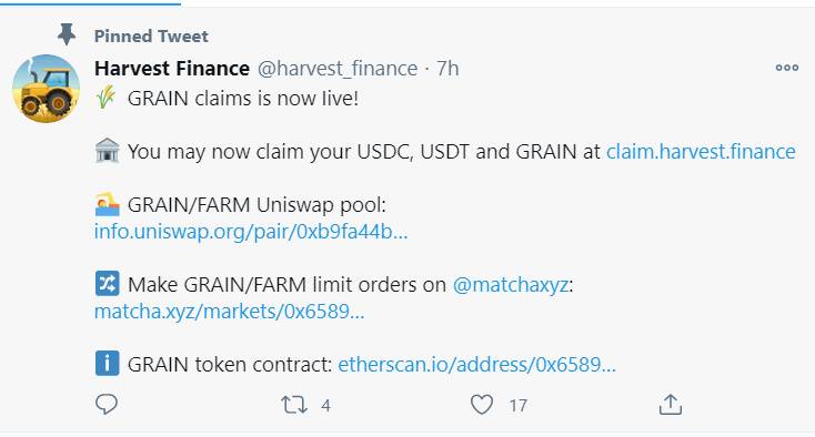 Harvest Finance赔付方案实施，但抵偿用户的GRAIN上线即暴跌
