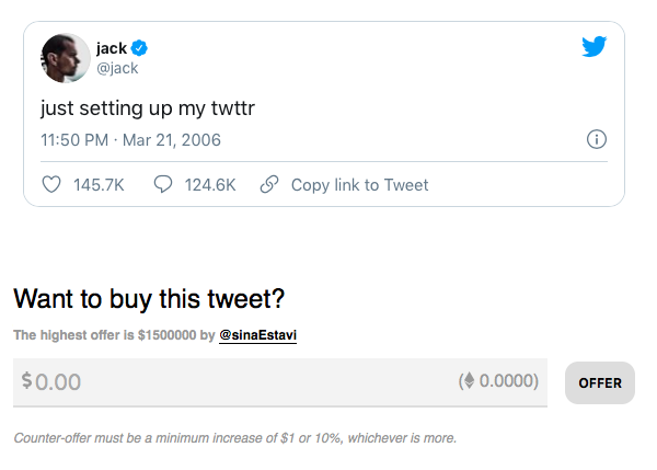 拍卖热销！ 杰克·多尔西（Jack Dorsey）的Tweet的最终出价为150万美元！