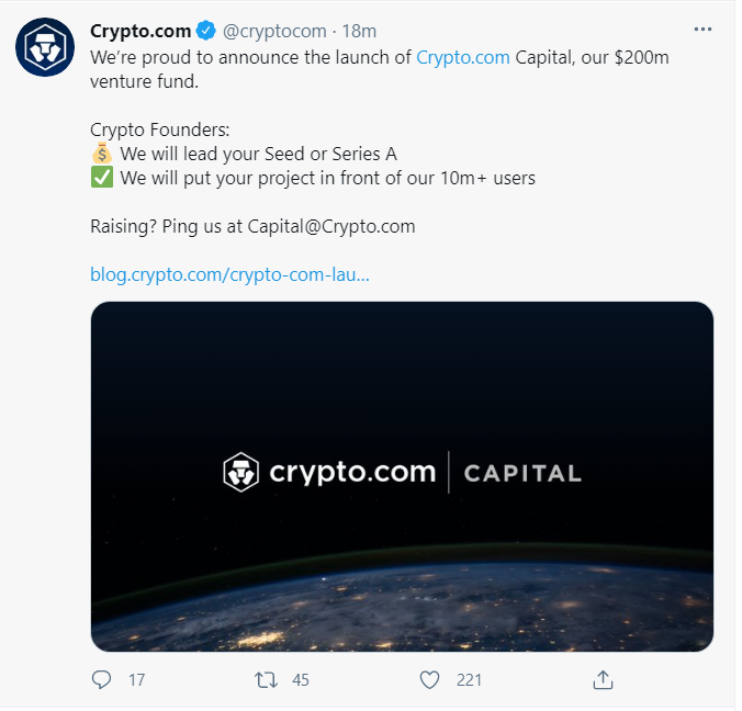 Crypto.com发布创建2亿美元的风险基金，专注投资加密初创公司