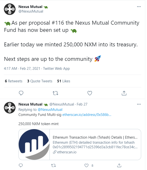 Nexus Mutual：已铸造25万枚NXM并转入社区基金金库